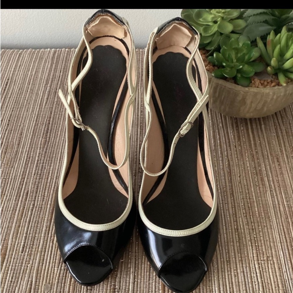 ISO Casadei Black and white patent ankle strap peep toe high heels 10 1/2 or 11